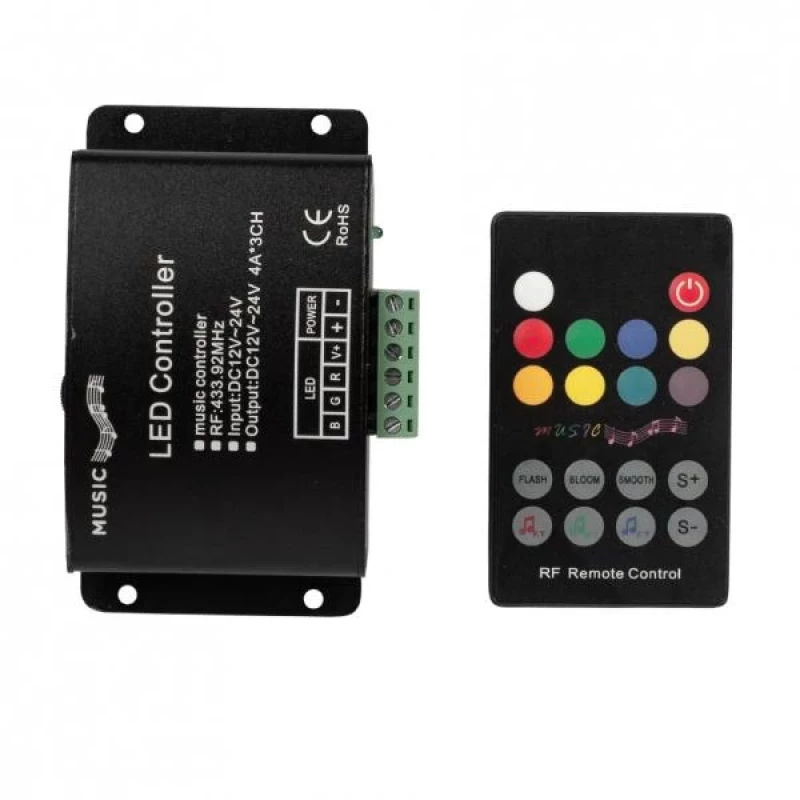 RF АУДИО КОНТРОЛЕР ЗА RGB LED ОСВЕТЛЕНИЕ, 12А, 12-24V DC, 144W (12V), 288W (24V)