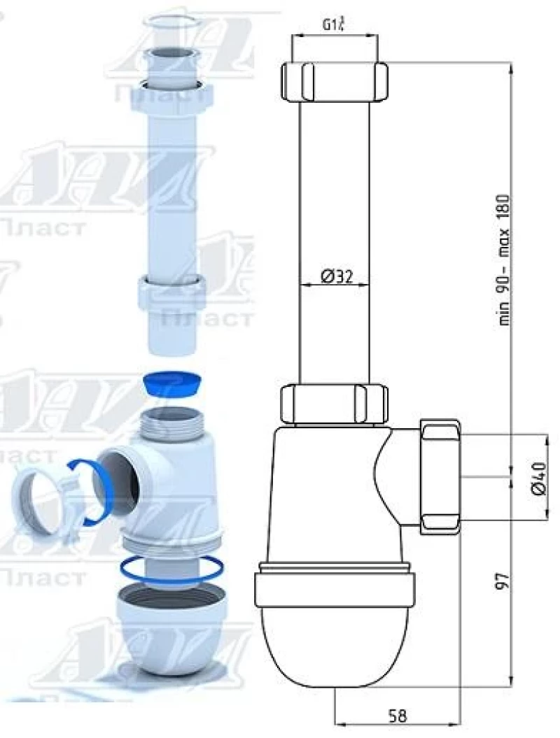 170WT17 СИФОН Ф40 1" 1/4 БЕЗ ВИТЛО C1020
